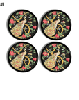 Four handcrafted cabinet knobs featuring a golden peacock with red blossoms and green foliage on a black background, inspired by classic Asian decorative art.