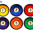 Cabinet knob set featuring solid billiard ball theme in bold primary colors — numbers 1 through 6.