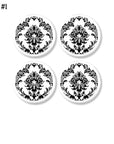 4 French farmhouse cabinet drawer pulls. Decorative black damask on white. Vintage chic baby girl nursery furniture handle.