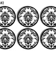 Set of six classic black damask on white background furniture drawer pulls. Sherlock Holmes wallpaper print on black knobs.