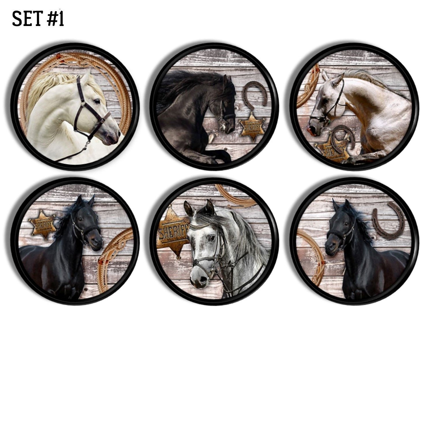 6 Decorative Western style dresser knobs with white, black and gray horses on a rustic weathered barnwood backdrop and accented with tin star, horseshoe and rope.