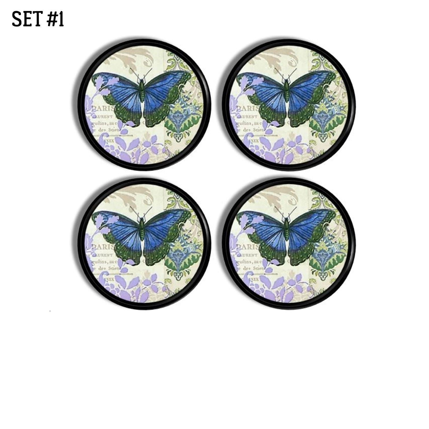 Four butterfly garden themed dresser drawer pulls. Country French or bohemian home decor hardware.
