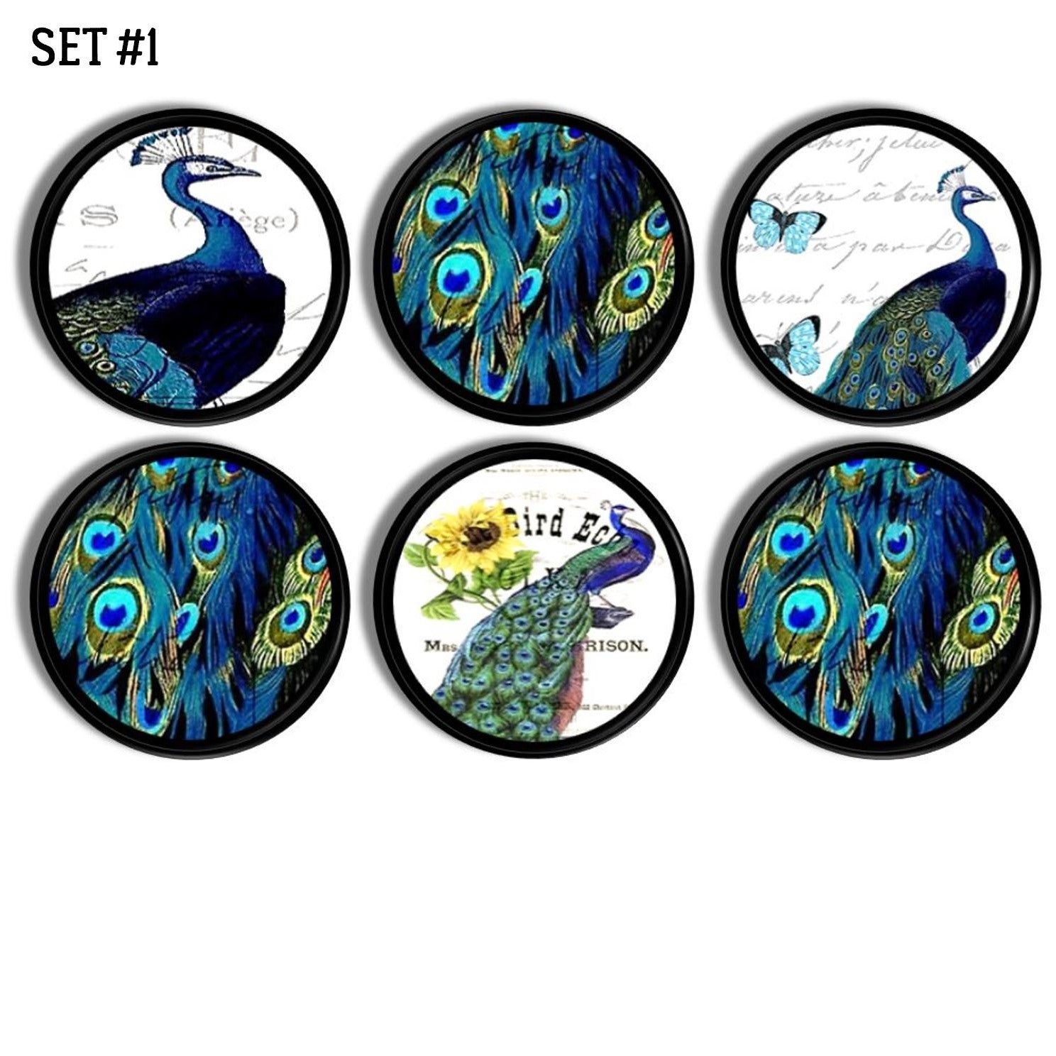 6 Black cabinet door knobs with blue turquoise and yellow peacock tail feathers. Bathroom vanity or furniture drawer pulls.