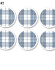 6 blue tartan plaid furniture door handles for baby boy nursery room. Soft stripe with pale yellow accent on white knob.