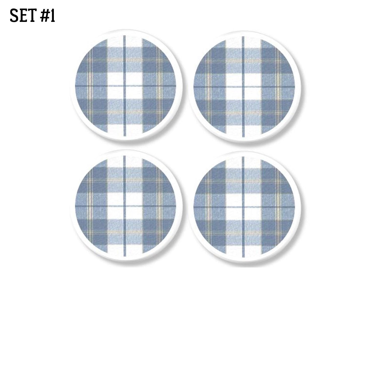 4 decorative cabinet drawer pulls in blue white nautical colored tartan plaid. Coastal dresser knobs.