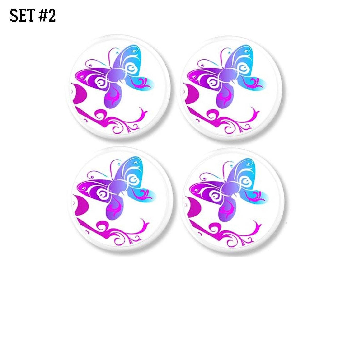 4 Piece set of decorative handmade drawer pulls in a colorful gradient mystical butterfly scroll theme. Replacement knobs for cabinet doors, cupboards and furniture upgrade.