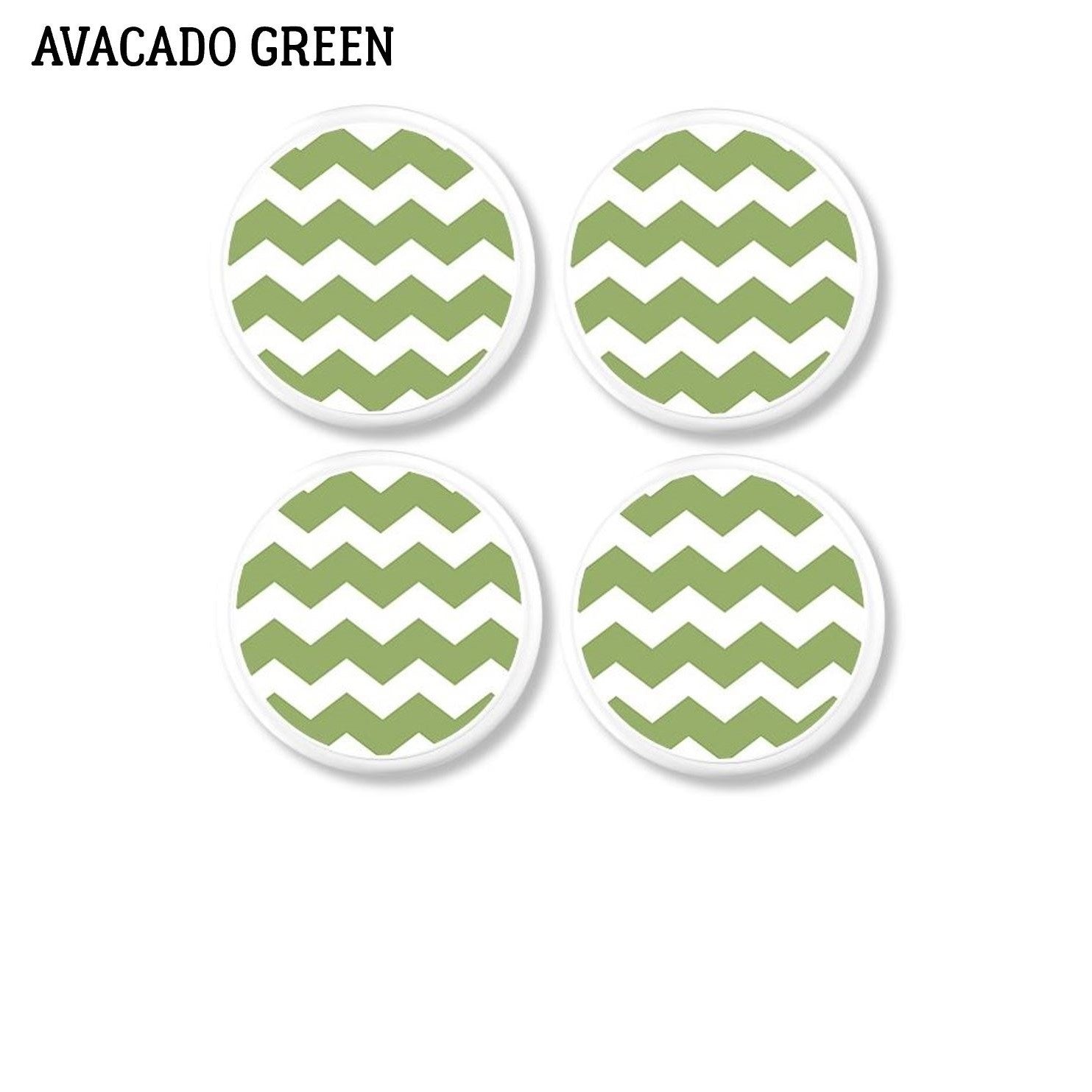 4 Avacado green and white chevron zigzag dresser knobs. Modern geometric style drawer pull handles.