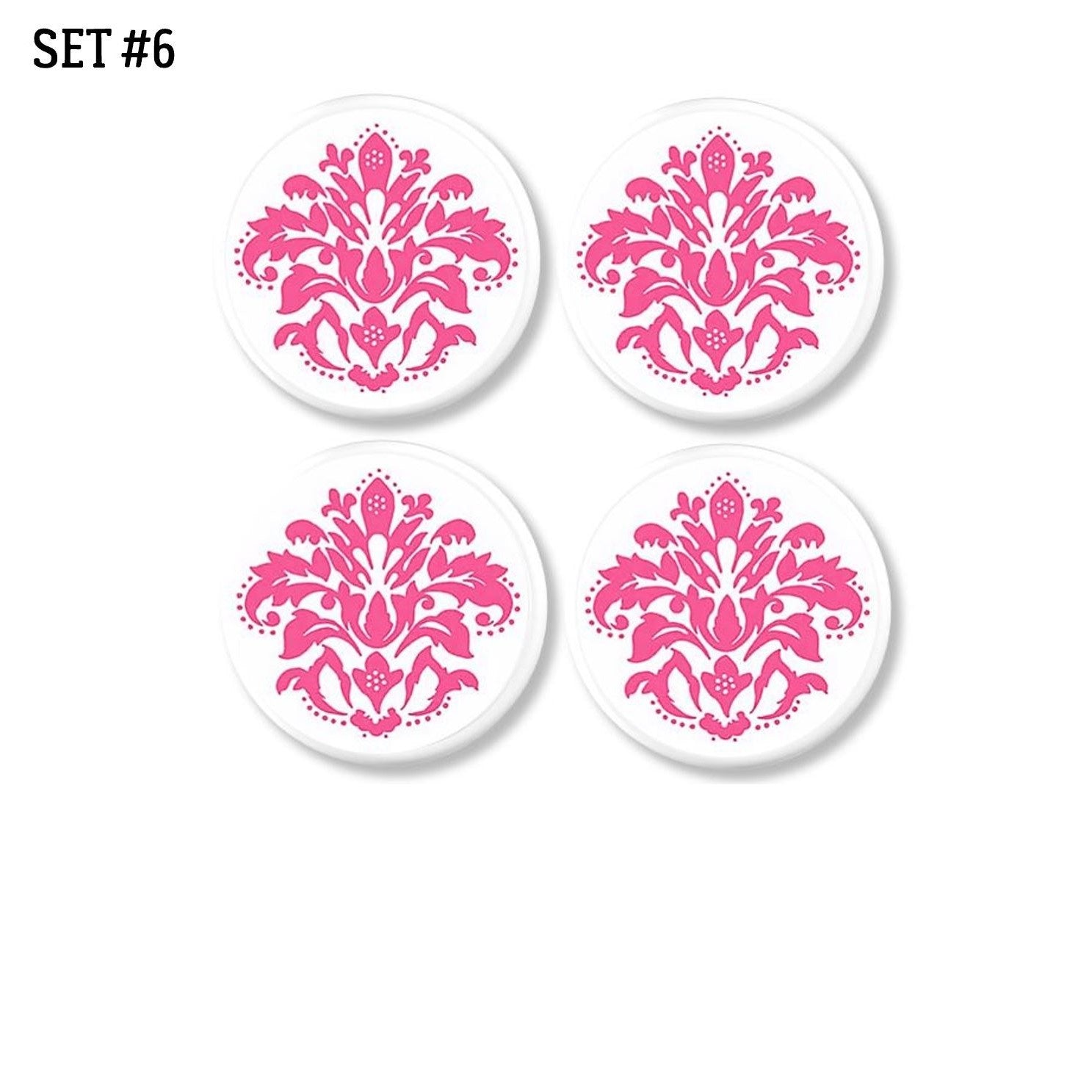 4 Decorative cabinet and dresser drawer knobs in bright hot pink lotus floral damask print on white. Feminine bathroom, she shed or teen girl decor.