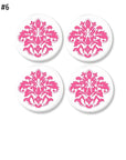 4 Decorative cabinet and dresser drawer knobs in bright hot pink lotus floral damask print on white. Feminine bathroom, she shed or teen girl decor.