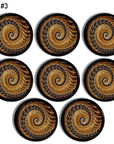 8 Ornate brown spiral swirl mandala dresser drawer pulls with golden accents. Unique art deco style cabinet door handles.