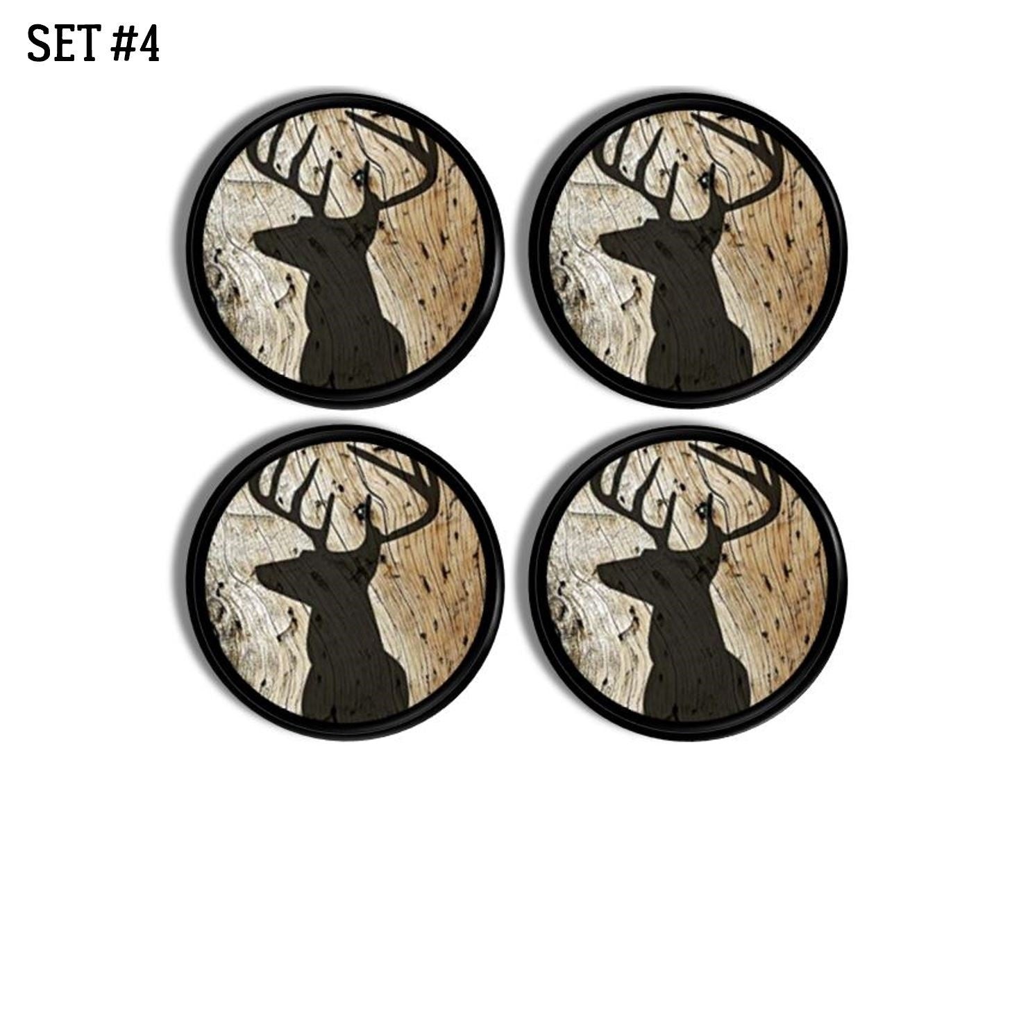 4 Piece set of deer stag themed mens dresser drawer pulls. Black and brown cabinet door knobs for hunting cabin mancave bar decor.