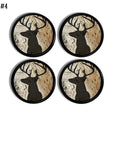 4 Piece set of deer stag themed mens dresser drawer pulls. Black and brown cabinet door knobs for hunting cabin mancave bar decor.