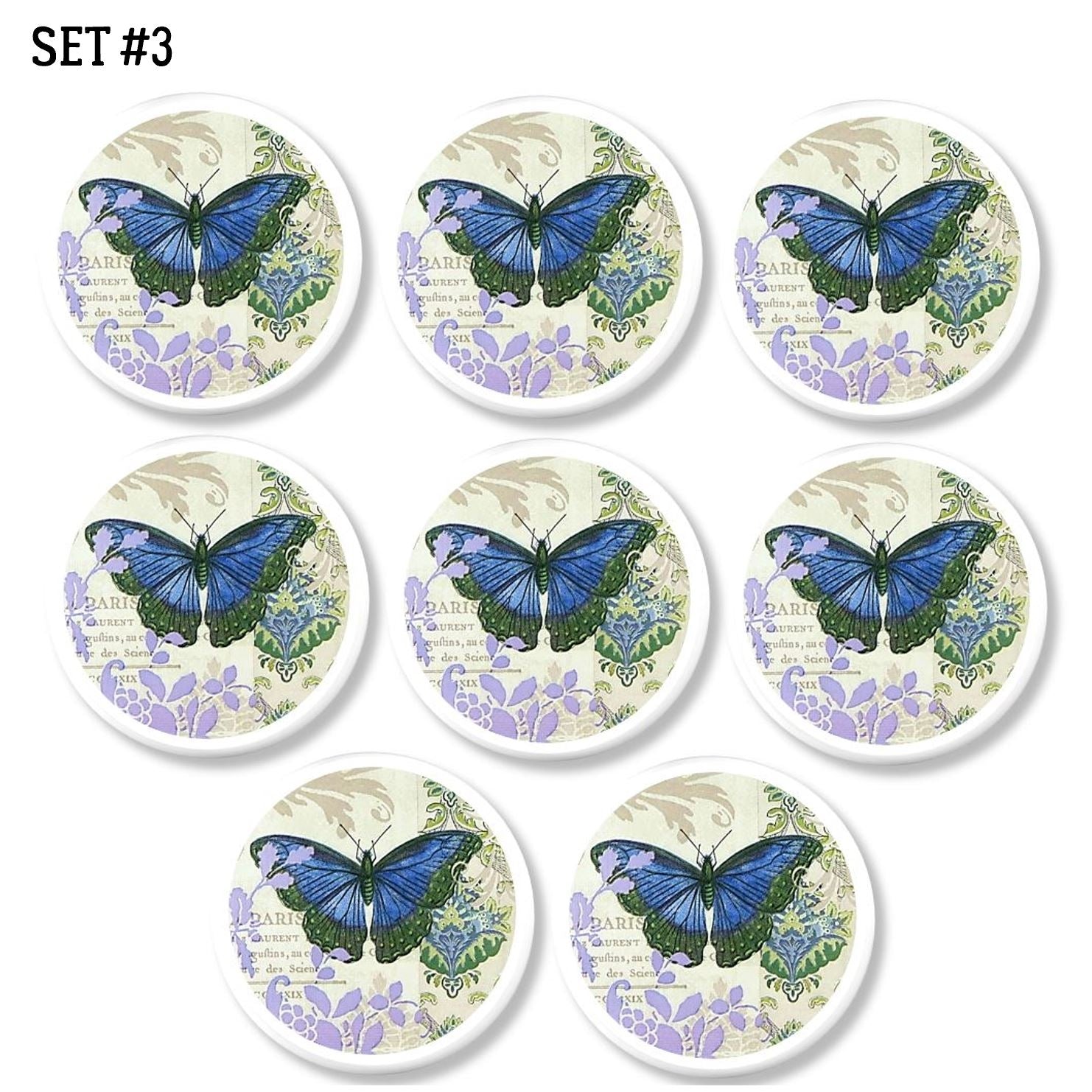 8 Handmade butterfly themed dresser knobs. Teen girl furniture drawer pull in blue, purple green and cream.