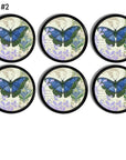 Dresser drawer knobs decorated with blue butterfly, purple botanical and French Script. Suitable for cabinet, cupboard, furniture.