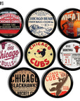 Set of eight black furniture knobs in vintage Chicago sports. Suitable for cabinets cupboards and drawers.