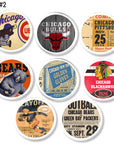 Decorative drawer pull set with old Chicago sports tickets and program illustrations on white base.