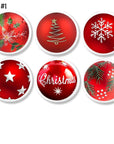 Six‑piece Christmas ornament cabinet knob set on white base. Decorative hardware featuring mixed holiday designs including poinsettias, glitter looking tree art, snowflakes, stars, pine greenery, and festive “Christmas” script for bright seasonal décor.