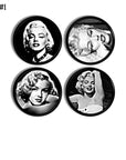 Iconic black white decor Marilyn Monroe image cabinet door knobs. Drawer pull handles for Hollywood chic contemporary furniture.