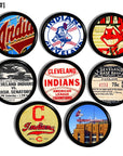 Black cabinet knobs with vintage Cleveland Indians old school Baseball Team memorabilia graphics.