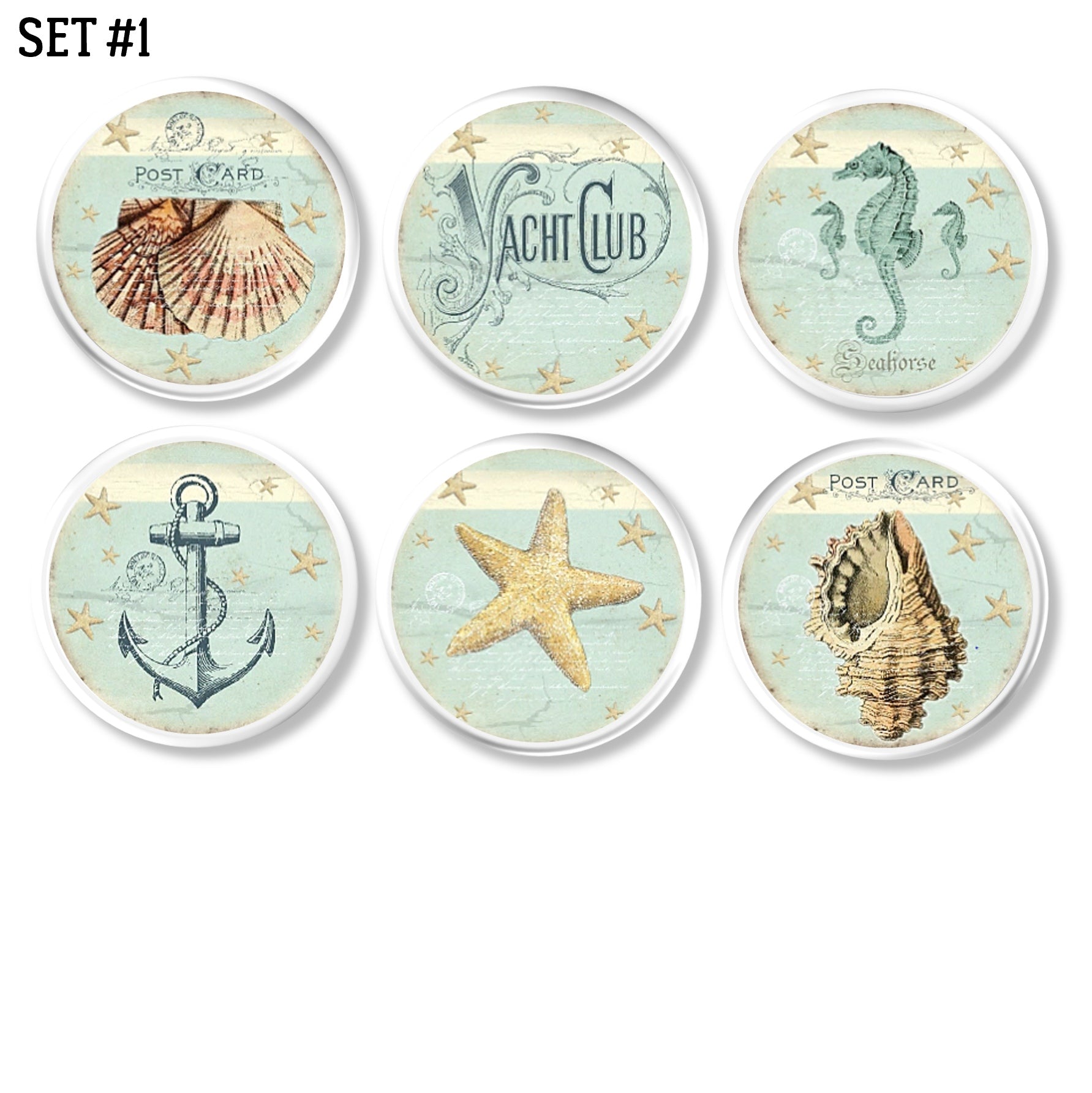 Six unique blue green coastal themed decorative cabinet drawer pulls with clam seashell, conch shell, seahorse, anchor and starfish.