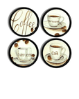 4 Bistro themed cupboard and drawer knobs.Three are decroated with cups with the words Cappuccino, Espresso and Caffe and one knob has the word Coffee.