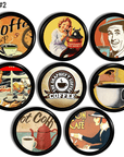 Bistro coffee shop cabinet drawer pulls. Barista bar cupboard handles in earthy brown, gold, red and orange colored vintage advertisements.