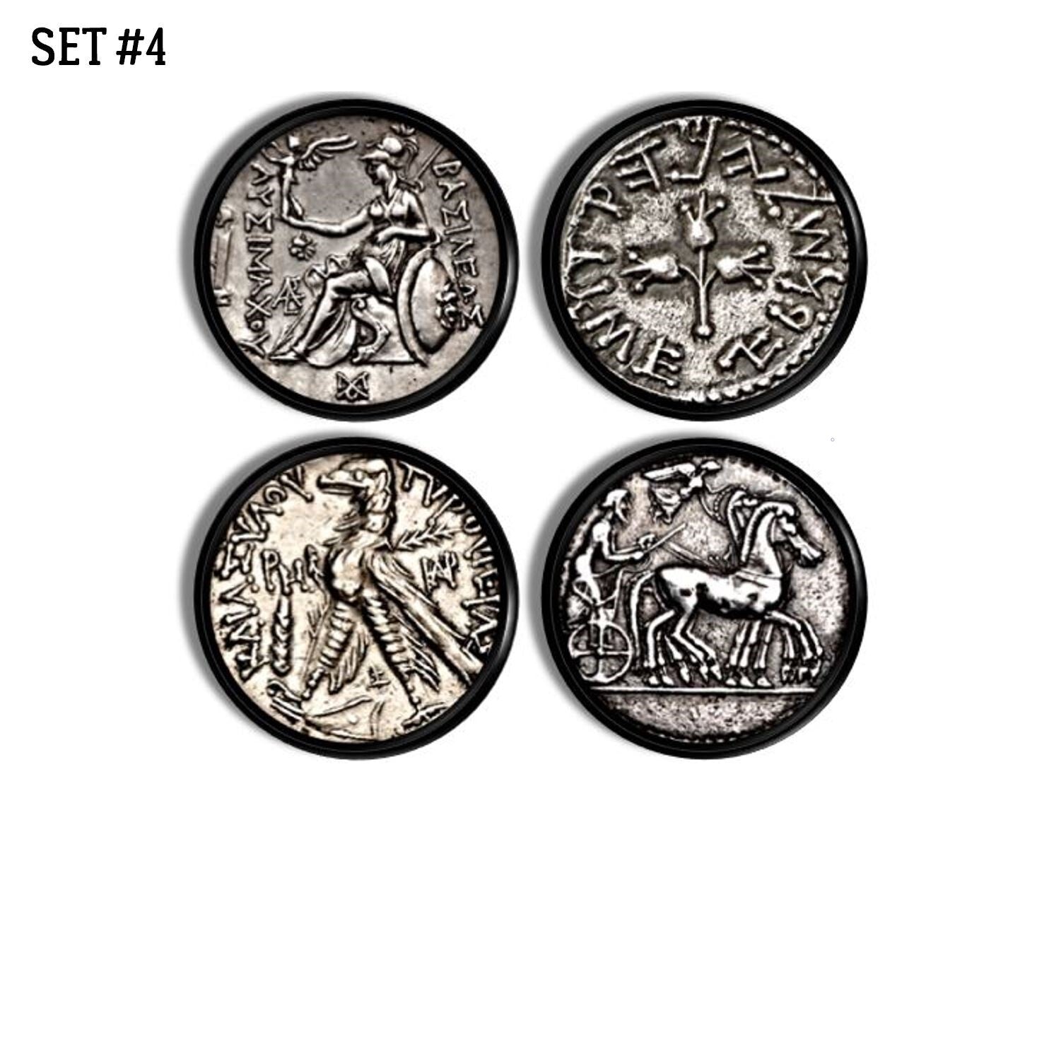 4 piece set of office desk and cabinet knobs in old antique silver coin money theme. Banker or Accountant furniture handles.