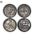 4 piece set of office desk and cabinet knobs in old antique silver coin money theme. Banker or Accountant furniture handles.