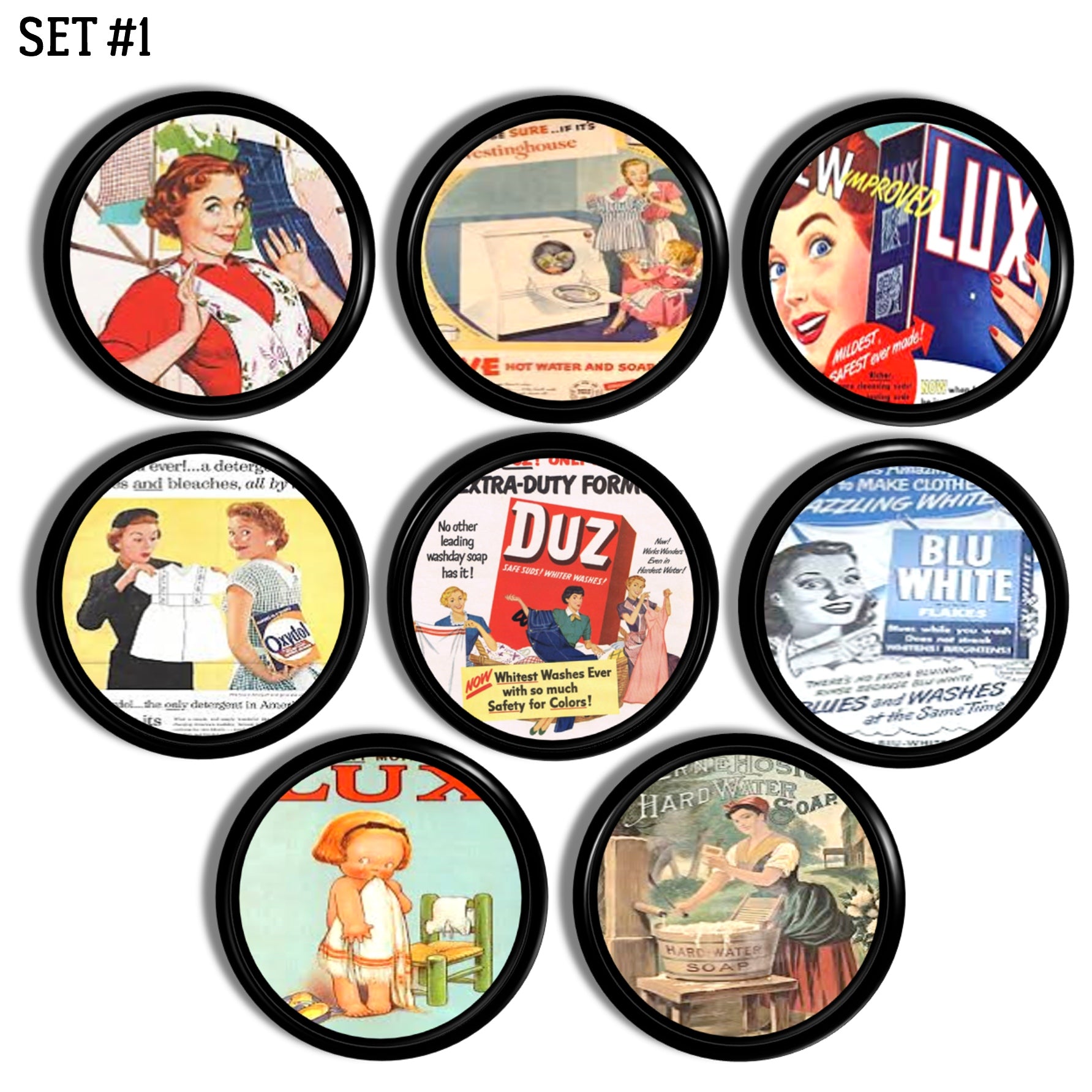 8 Colorful Retro Style Laundry Cabinet Knobs decorated in vintage 1950s era soap detergent ads from Lux, Dux, Blue White Tide.