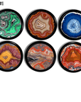 Colorful agate art cabinet knobs and drawer pulls with bold mineral‑inspired patterns in green, brown, blue, yellow, multicolor, and red tones, perfect for boho décor, artistic furniture updates, and vibrant home accents