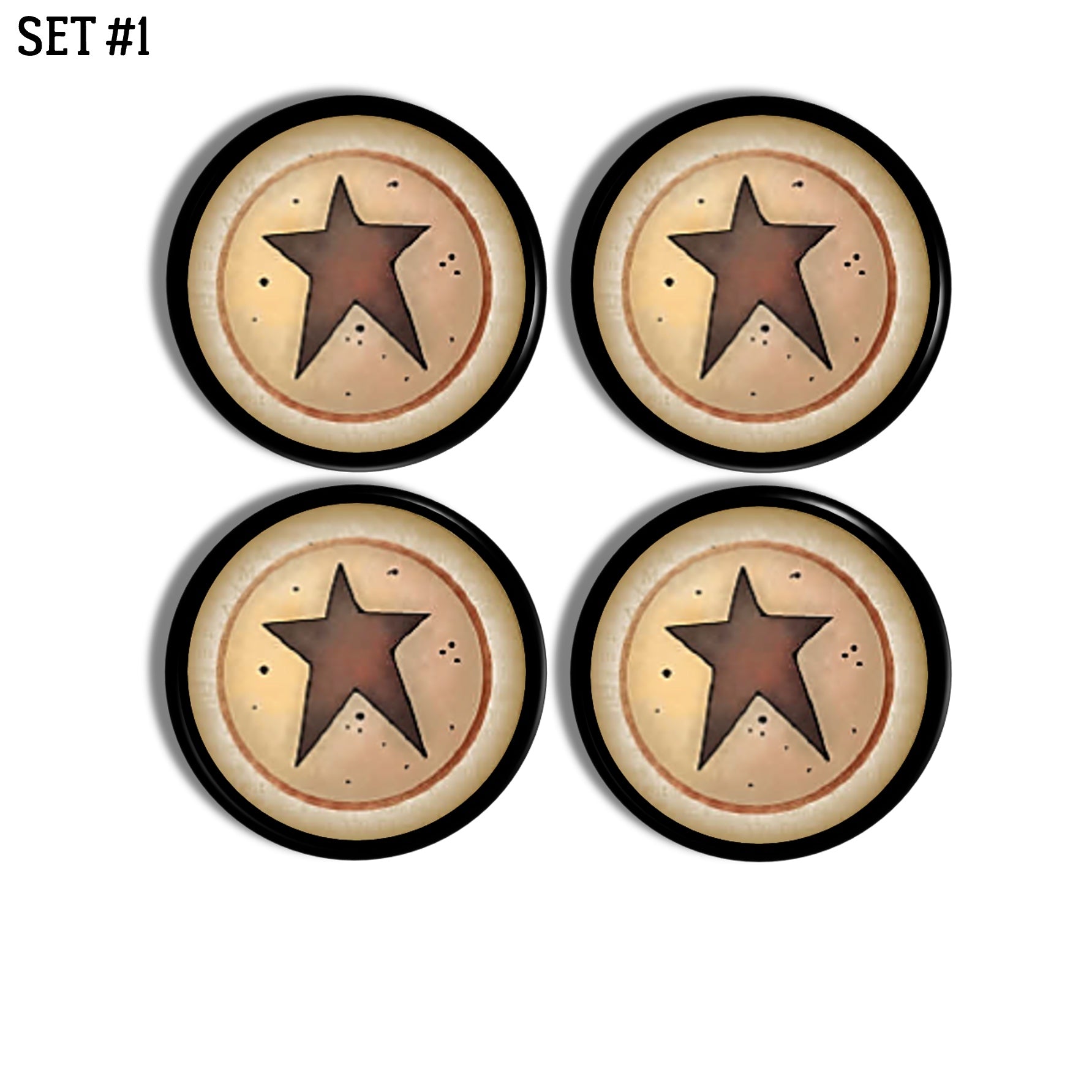 Rustic country barn star furniture drawer knob set. Distressed and antique looking hardware for primitive home decor.