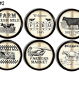 Distressed old flour sack farmhouse style knobs for cupboard handles or drawer hardware featuring dairy cows.