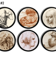 Collection of 6 cabinet drawer pulls handmade with Leonardo Da Vinci animal, landcape, invention and femail portrait art. Made on black knob.