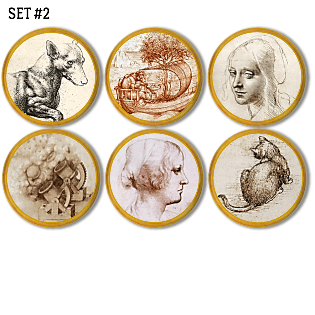Creative arts themed furniture knob hardware featuring animal sketchings, female drawings and invention illustrations. Made on a sealed natural wood base knob.