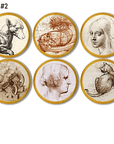 Creative arts themed furniture knob hardware featuring animal sketchings, female drawings and invention illustrations. Made on a sealed natural wood base knob.