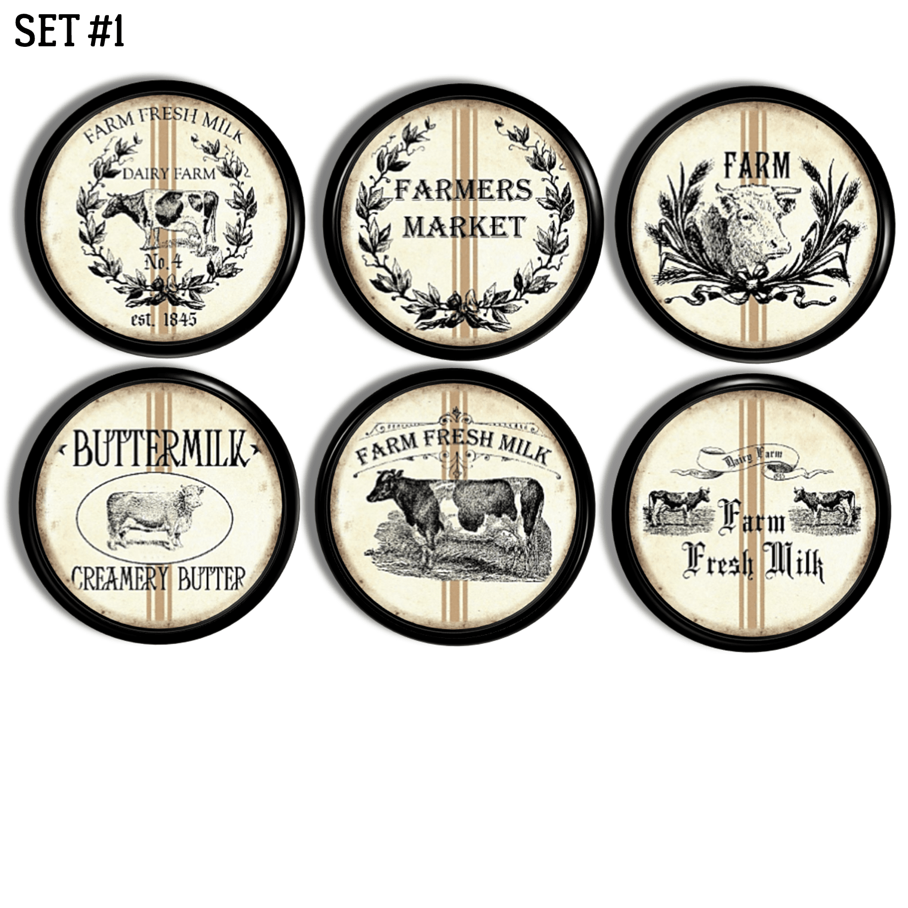 Set of 6 Cow themed kitchen cabinet drawer pulls in rustic beige & black farm fresh flour sack design.