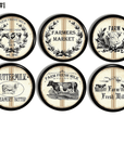 Set of 6 Cow themed kitchen cabinet drawer pulls in rustic beige & black farm fresh flour sack design.