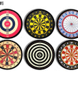 Six handcrafted cabinet drawer pulls featuring assorted dartboard designs on a black knob, including classic pub boards, colorful scoring targets, and retro concentric‑ring styles — perfect for game rooms, man caves, or home bar cabinetry.