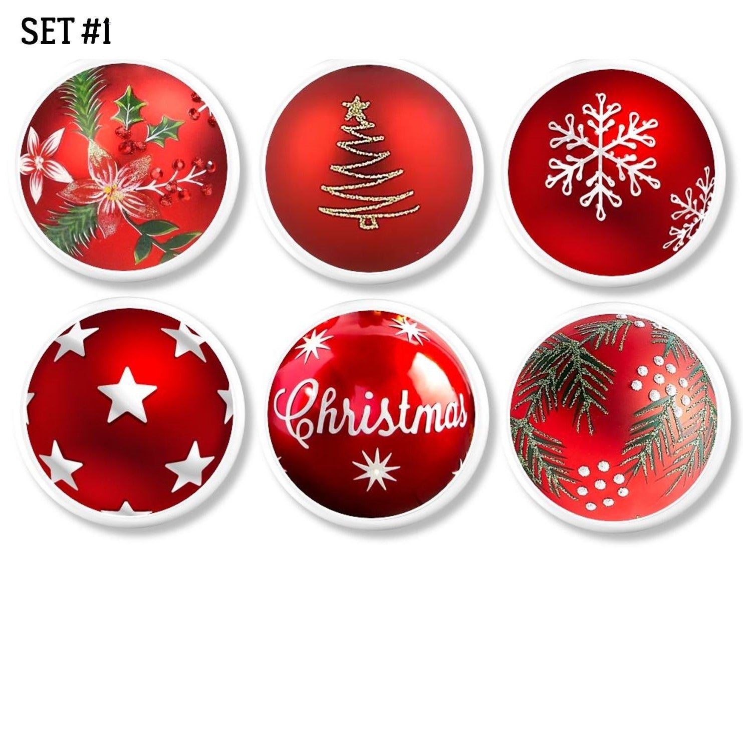 6 Decorative Christmas theme cabinet knobs to decorate kitchen, bathroom or office in festive red, white and green holiday colors.
