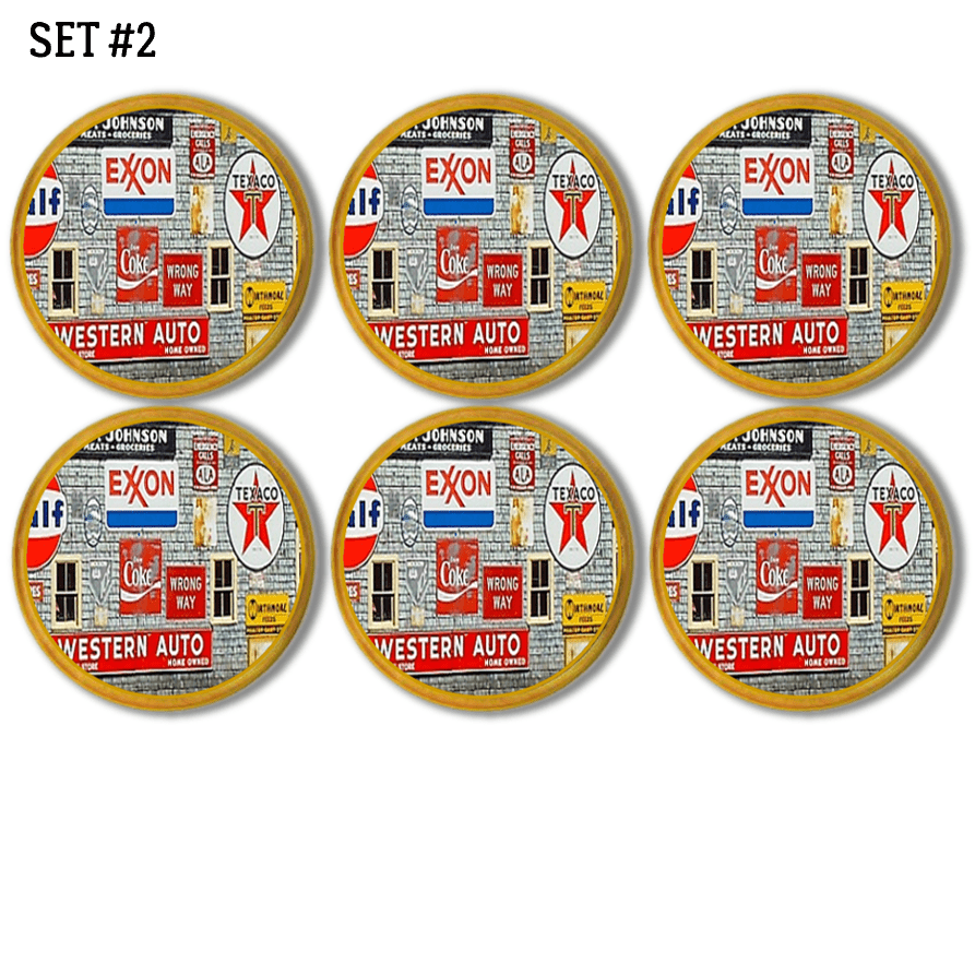 Set of 6 wooden knobs decorated in a variety of vintage car related signs. Old mechanic garage or auto workshop theme.