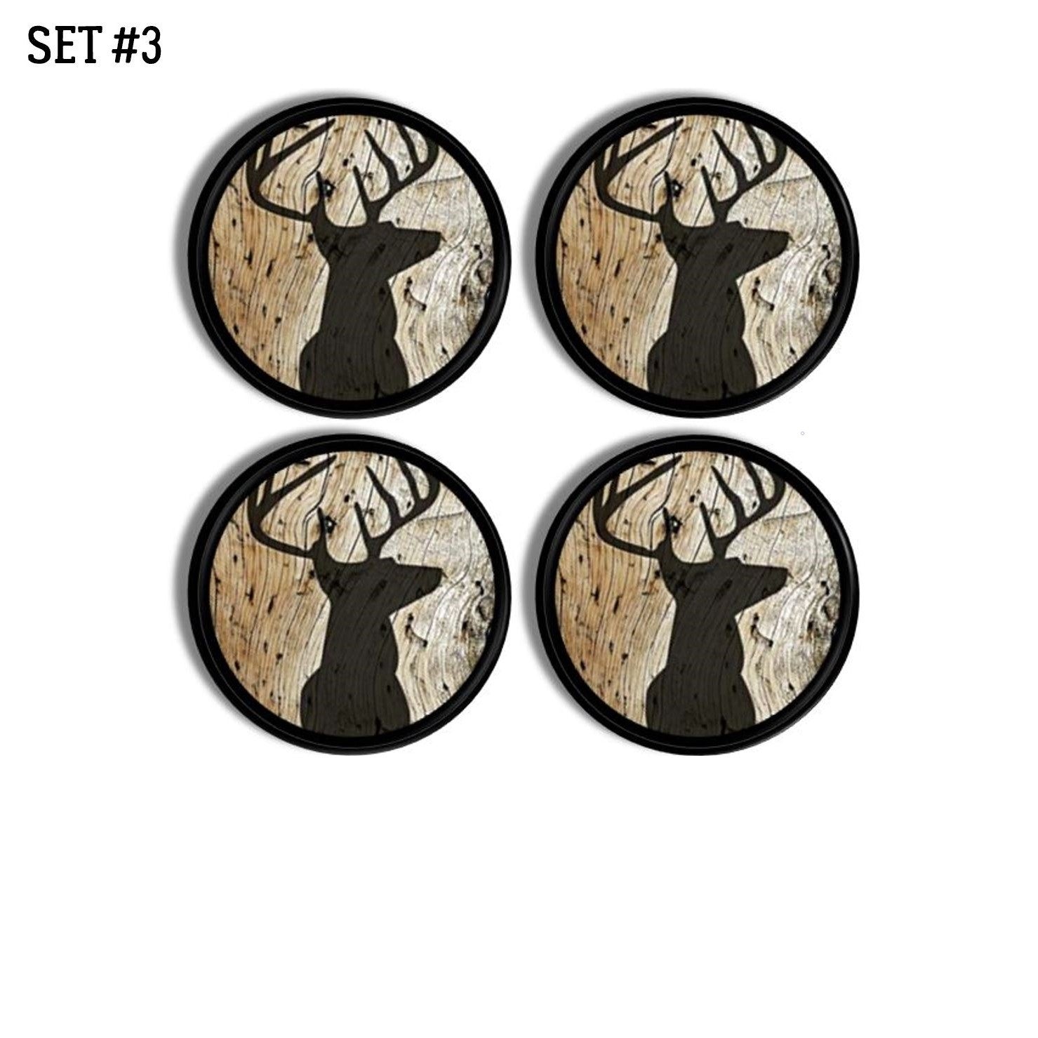 4 Handmade hunting theme furniture drawer handles. Black buck deer head on knotty tree bark woodgrain. For use as cabinet knobs or furniture drawer pulls.