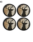 4 Handmade hunting theme furniture drawer handles. Black buck deer head on knotty tree bark woodgrain. For use as cabinet knobs or furniture drawer pulls.
