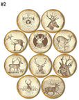 Set of 10 deer theme handmade cabinet and furniture drawer pull handles in sepia tones on natural wood knob.