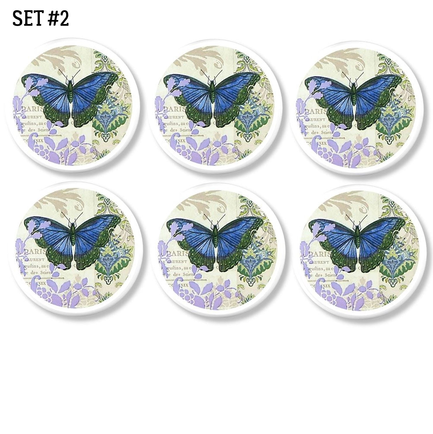 6 Hand made cabinet drawer pulls. Decorative butterfly garden floral theme Boho Bohemian decor bathroom hardware. Blue, lavender, cream, white.