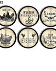 Six black & beige handmade farmhouse style drawer pulls. Rustic country cabinet hardware set in vintage rooster & hen theme