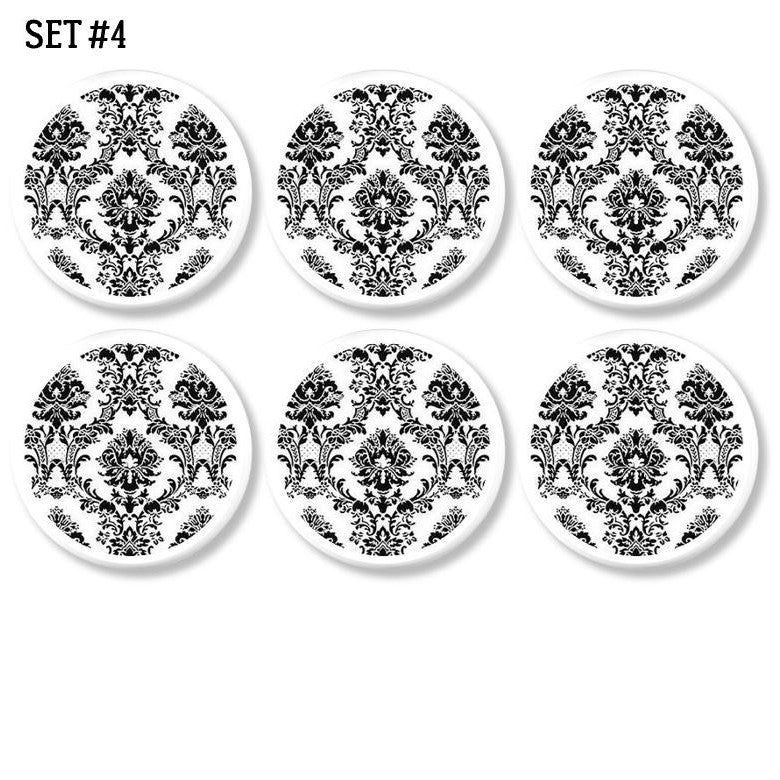 Handmade black floral damask print on white knobs. Antique French Farmhouse furniture hardware.