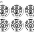 Handmade black floral damask print on white knobs. Antique French Farmhouse furniture hardware.