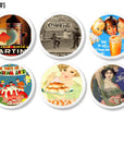 Set of 6 white drawer pulls with old fashioned product ads for kitchen cupboards, cabinets and storage bins