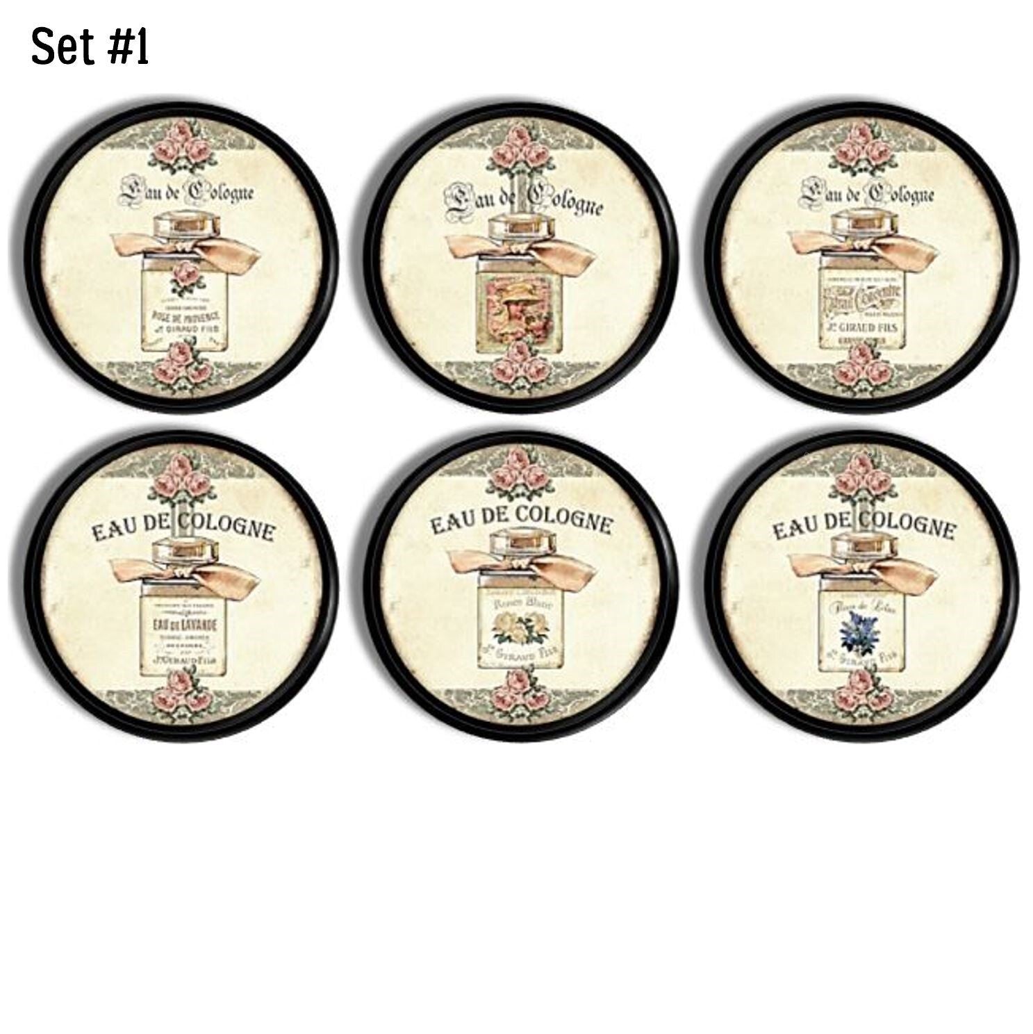 Sophisticated Paris chic decorative bathroom cabinet knobs. Antique perfume bottles with "Eau De Cologne" French words, flowers and antique finiash on black hardware.