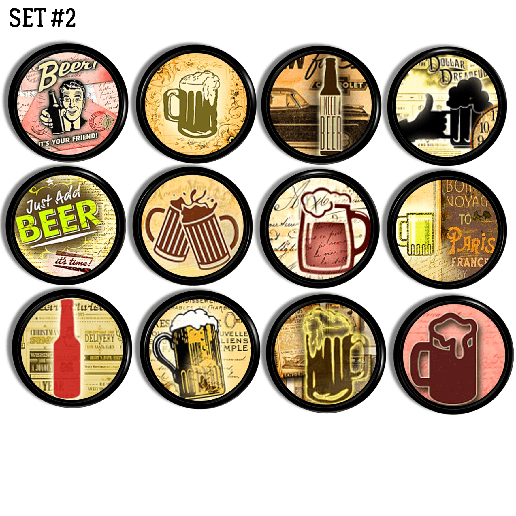 Retro man cave decorative drawer pulls. Beer themed knobs for home bar cabinets, cupboards and furniture. Vintage mugs, bottles, signs and stines.